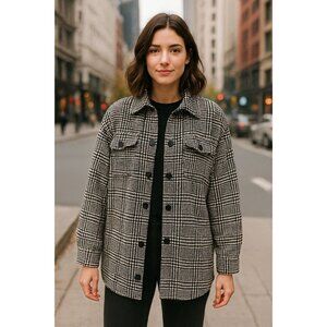 Womens Houndstooth Plaid Shacket Black White Checkered Button Front Retro Glam